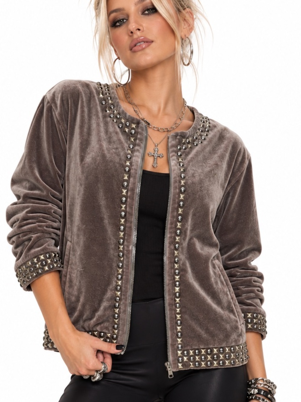 Bloomingdale's Y2K Brown Velvet Zip-Front Jacket with Studded Trim XL